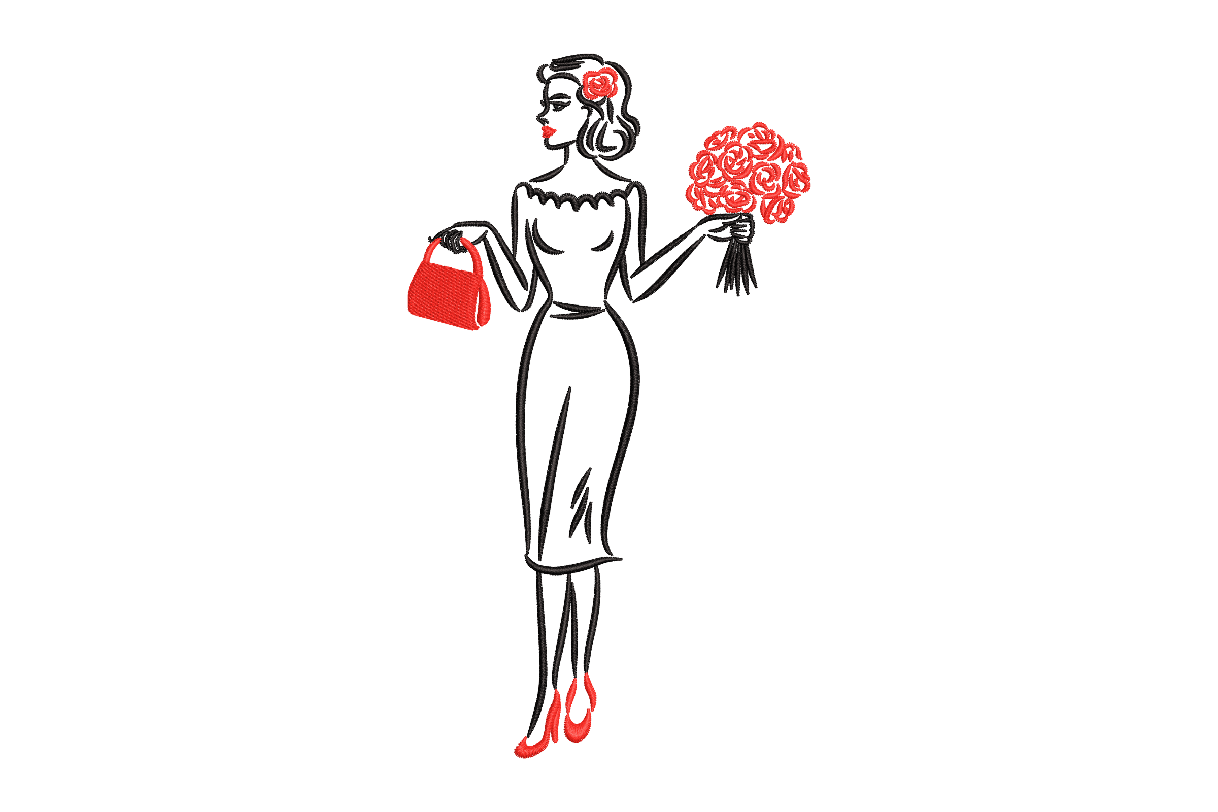 Elegant Woman Red Roses Machine Embroidery Design