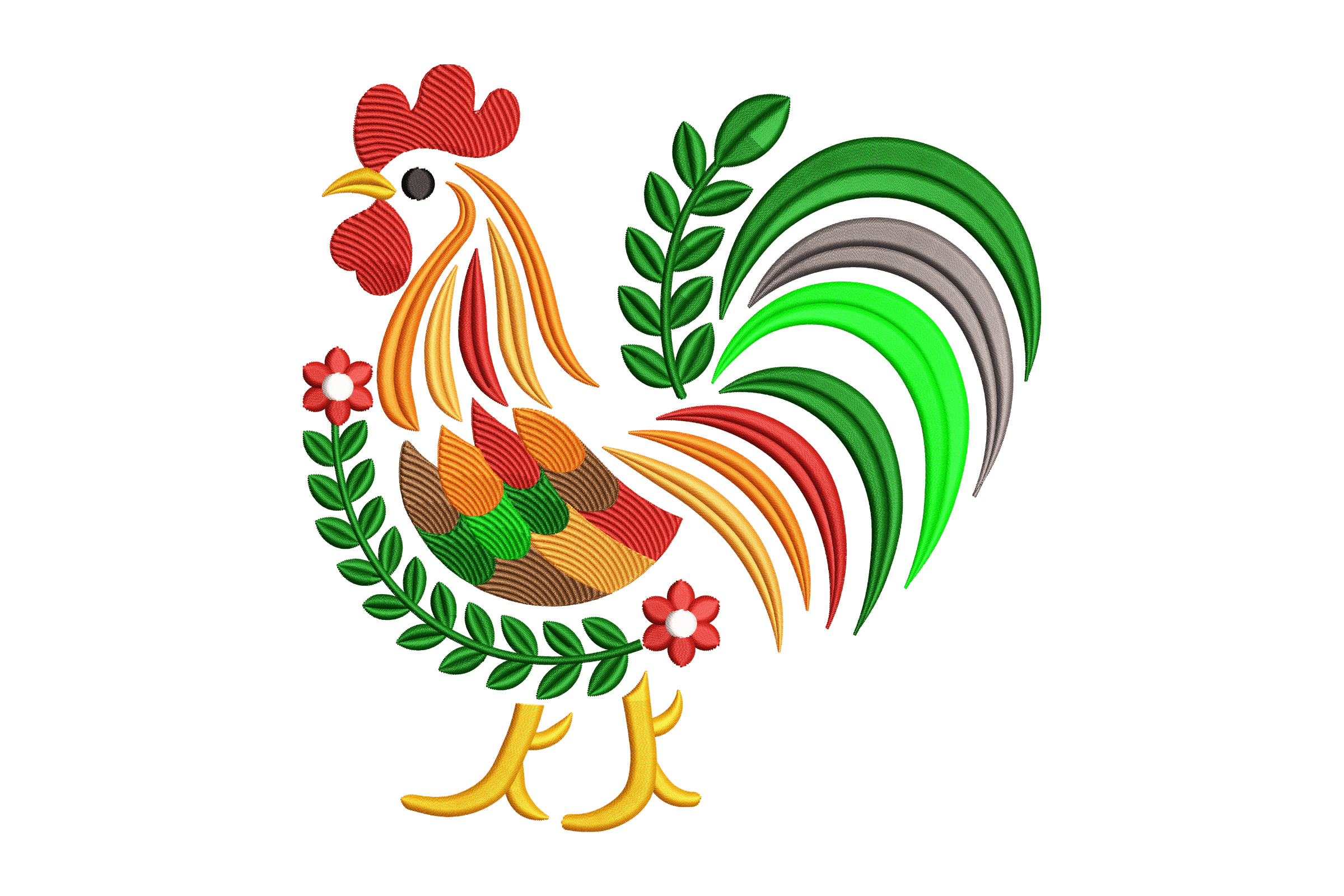 Colorful Folk Art Rooster Machine Embroidery Design