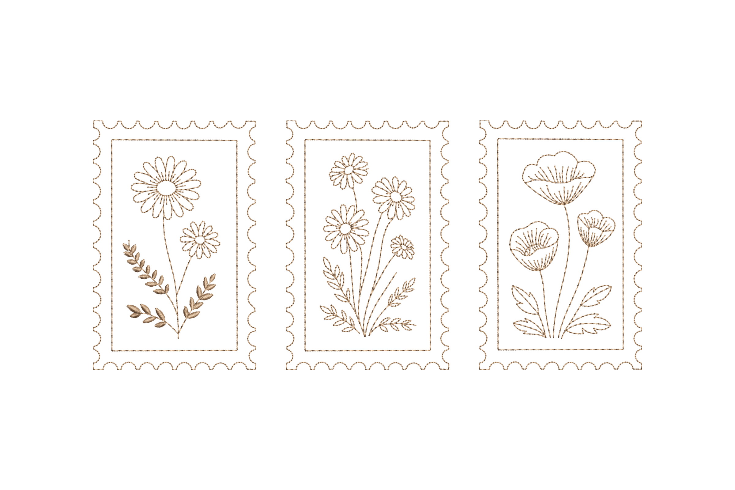 Vintage Floral Postage Stamp Trio Machine Embroidery Design