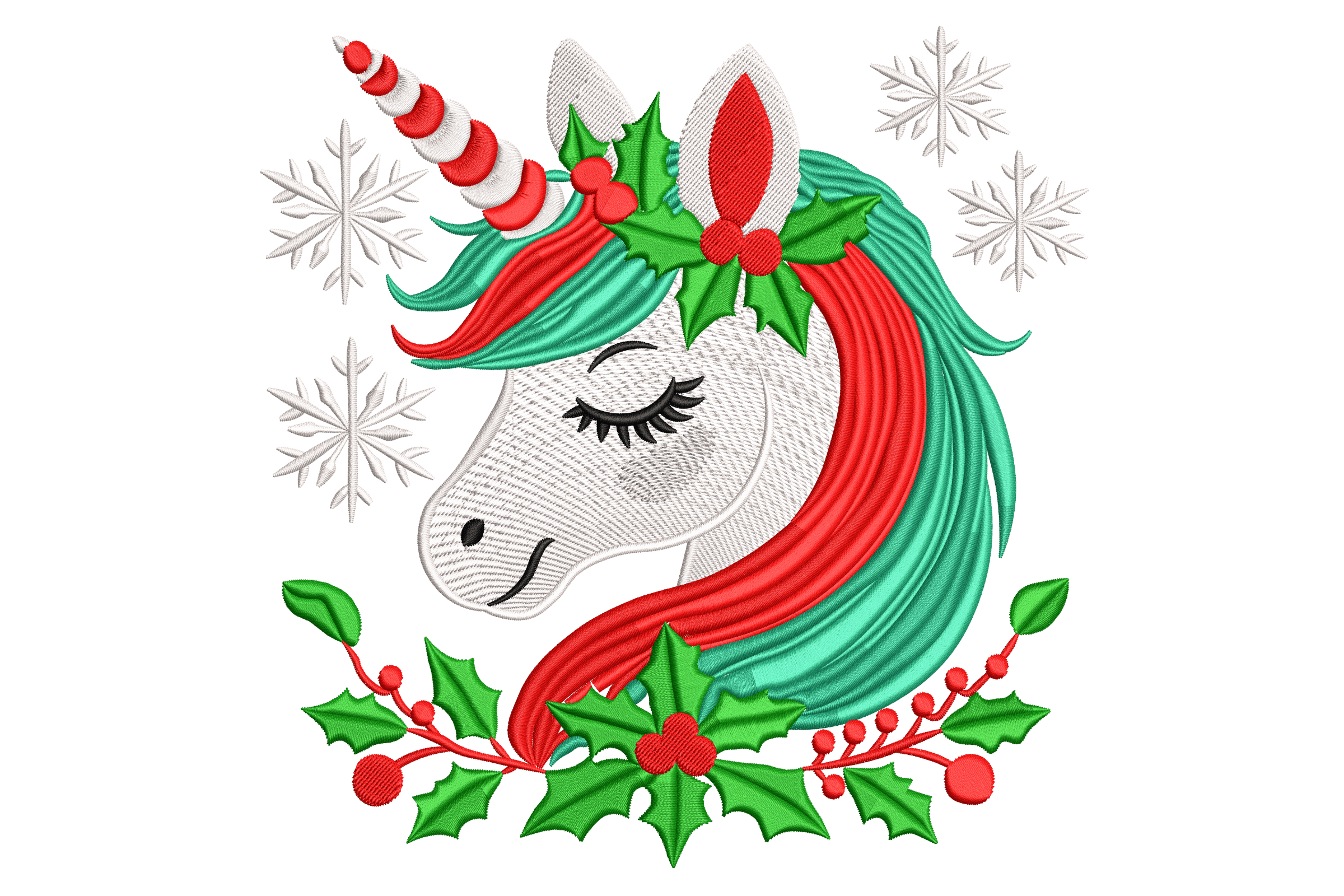 Christmas Unicorn with Holly & Snowflakes – Embroidery