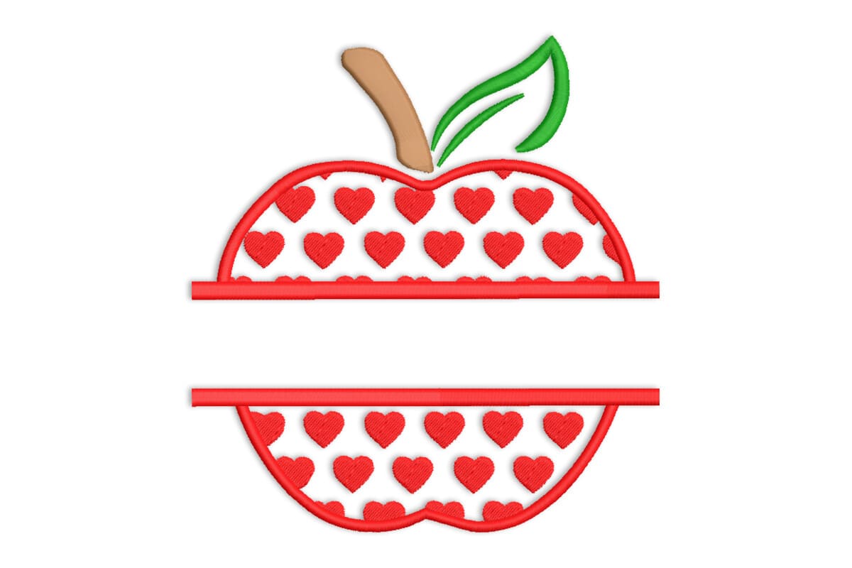 Apple with Red Hearts Split Monogram Embroidery Design