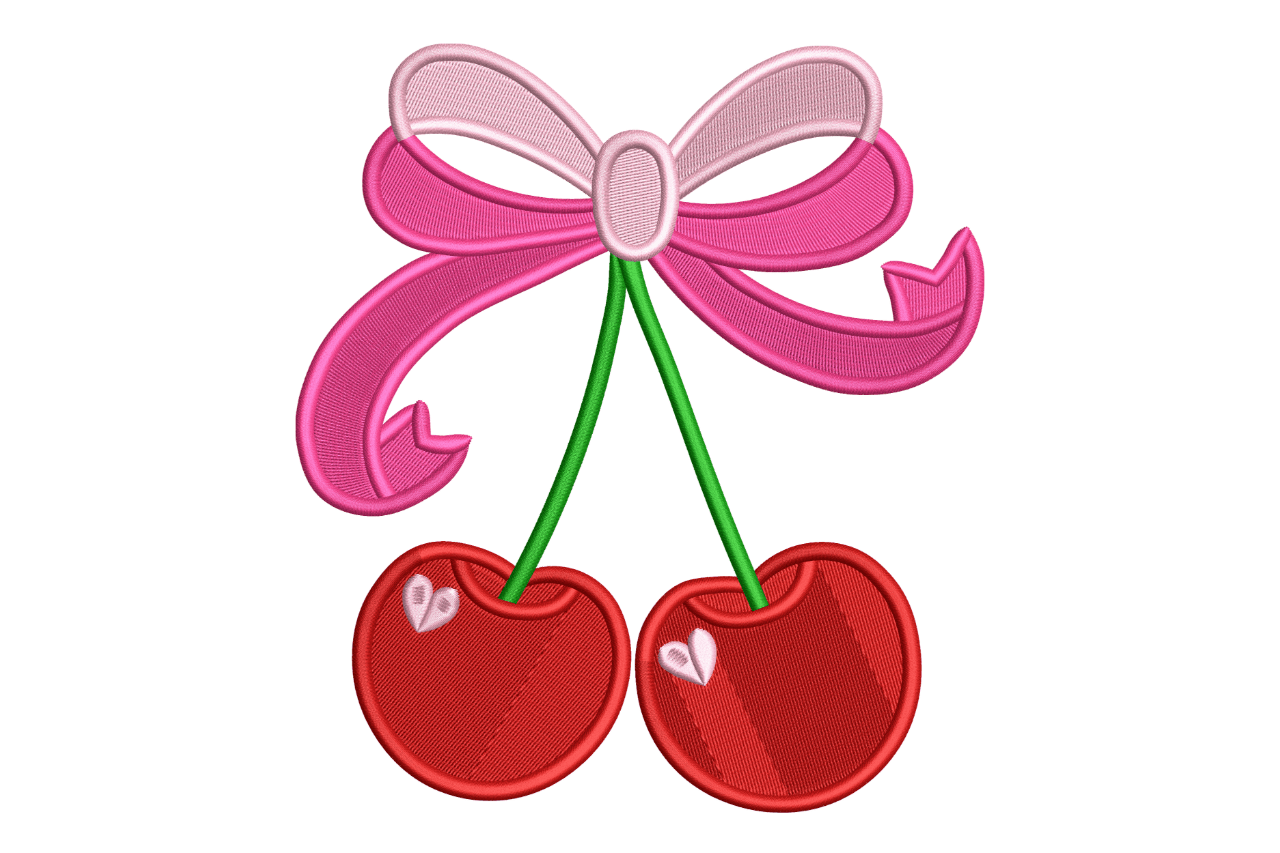 Cherries with Pink Bow – Cute Fruit Embroidery Design
