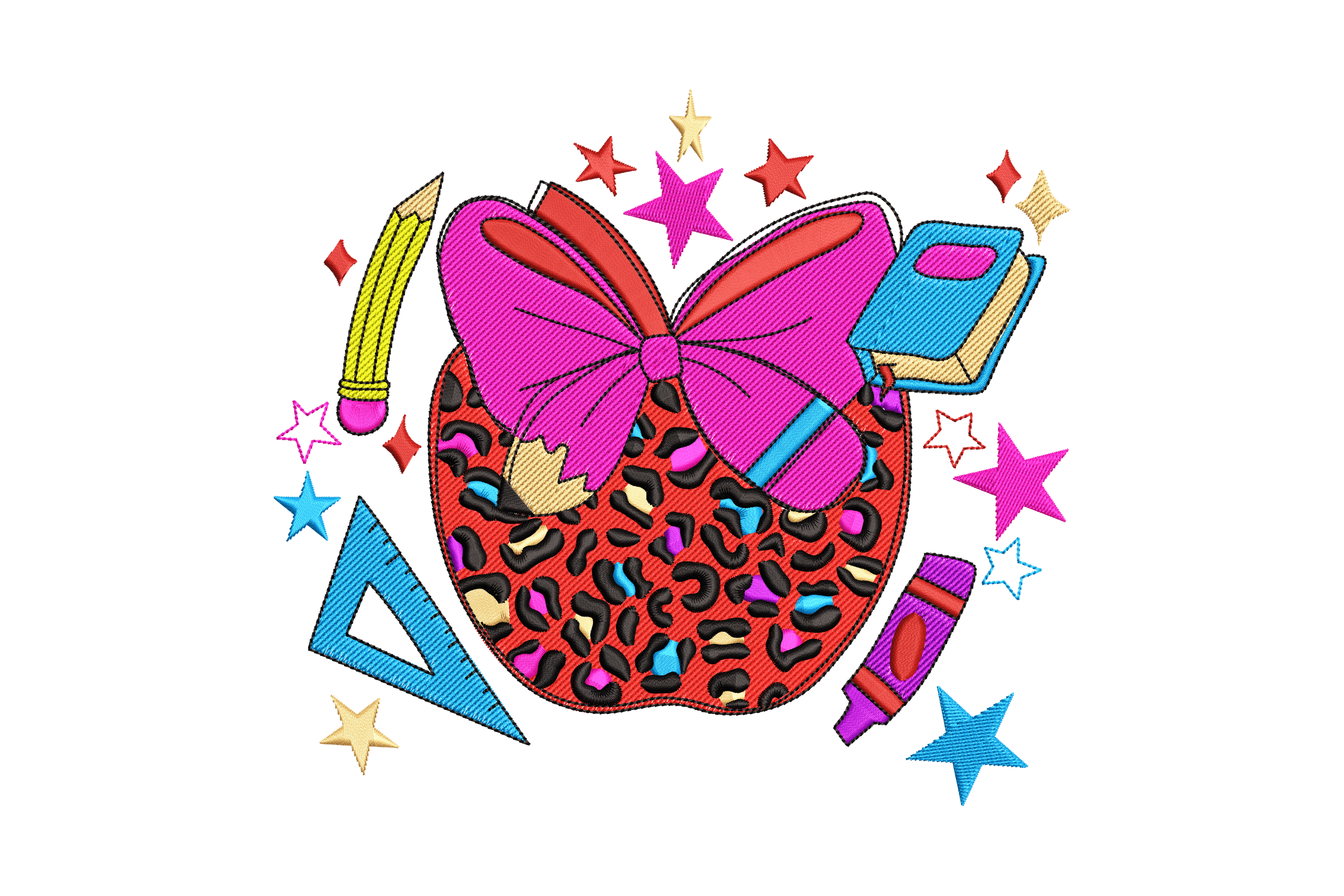 Cheetah Apple Bow – Bold Teacher School Embroidery Design