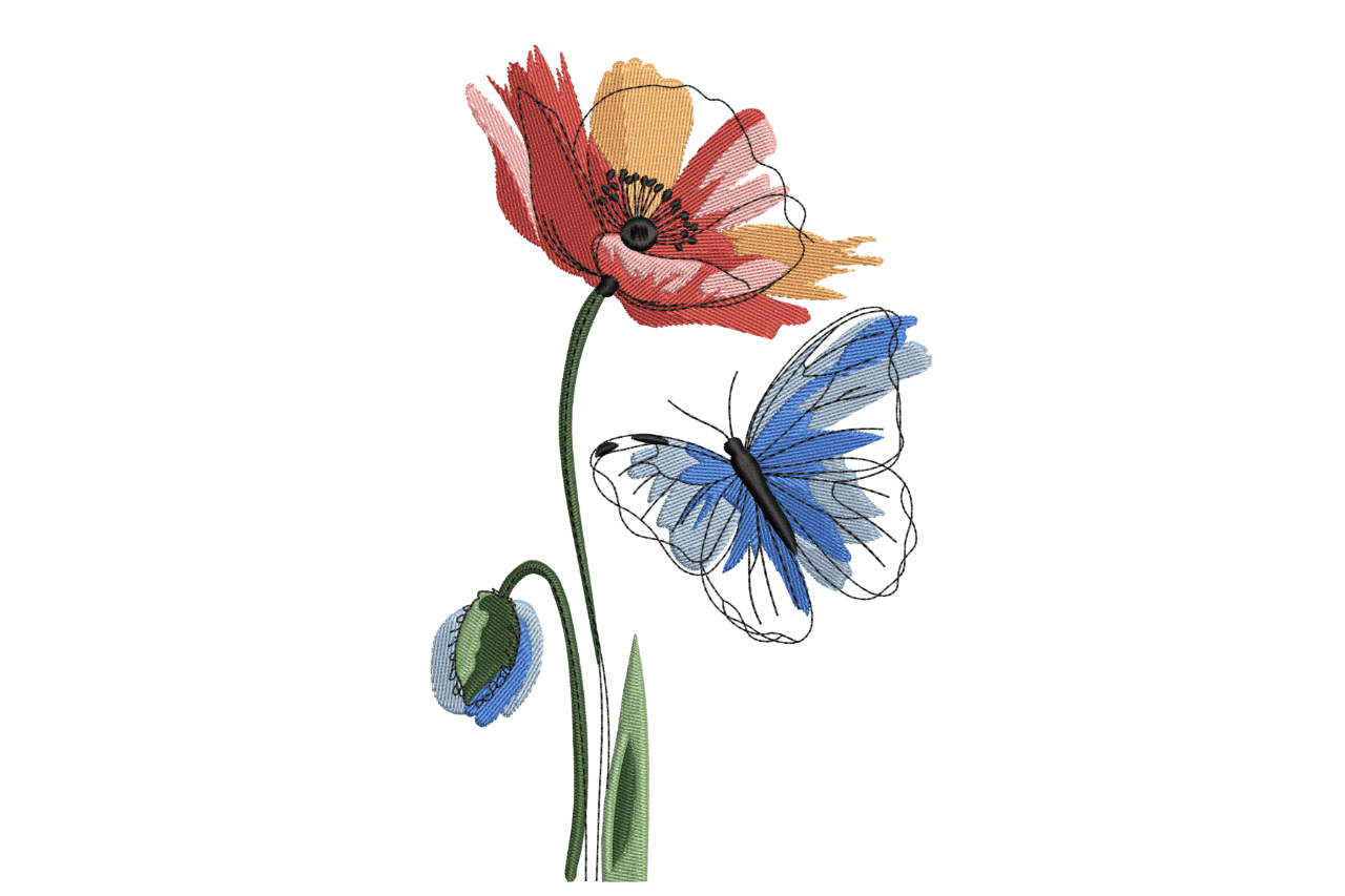 Poppy & Butterfly – Sketch Floral Embroidery Design