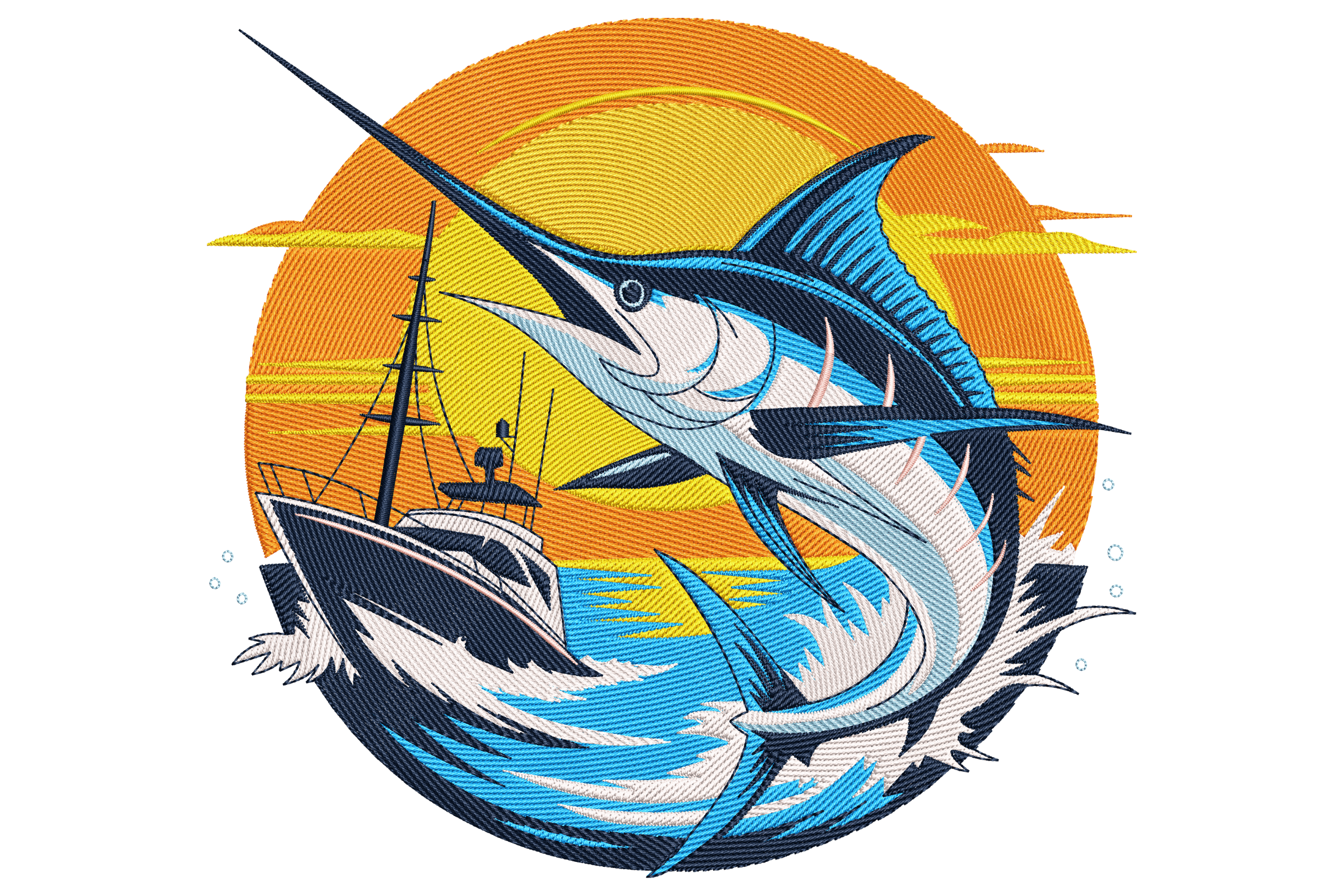 Marlin & Sport Fishing Boat – Sunset Ocean Embroidery Design