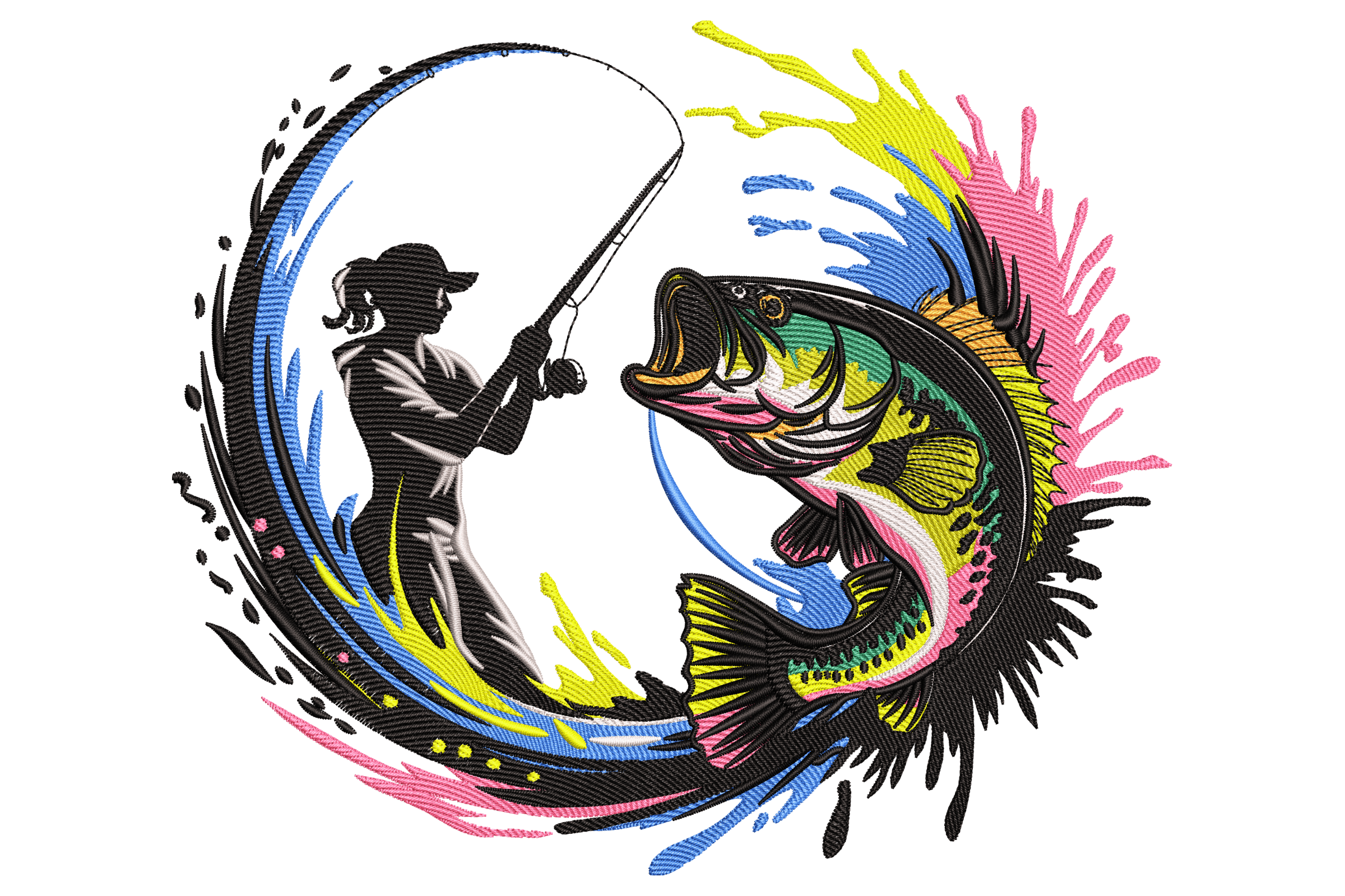 Lady Angler & Color Splash Bass – Fishing Embroidery Design