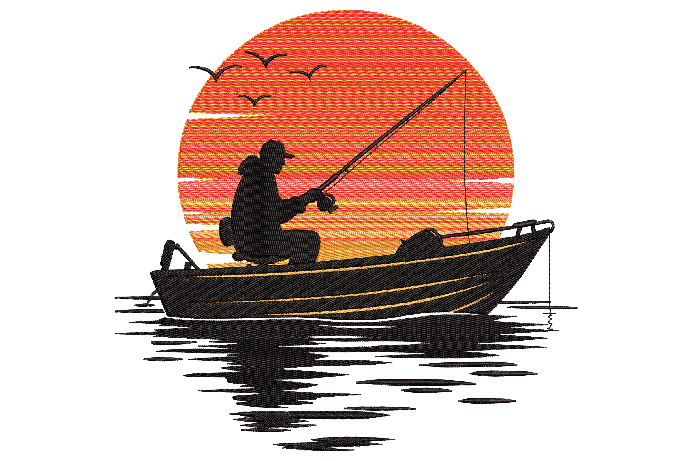 Sunset Fishing Boat Silhouette – Lake Evening Embroidery Design