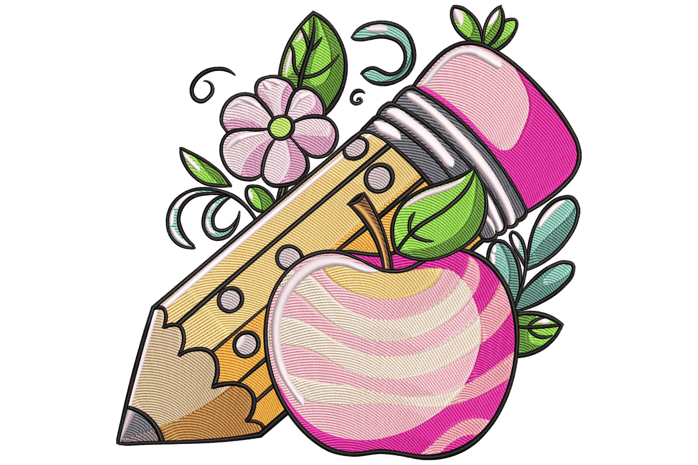 Pencil & Apple Floral – Teacher Embroidery Design