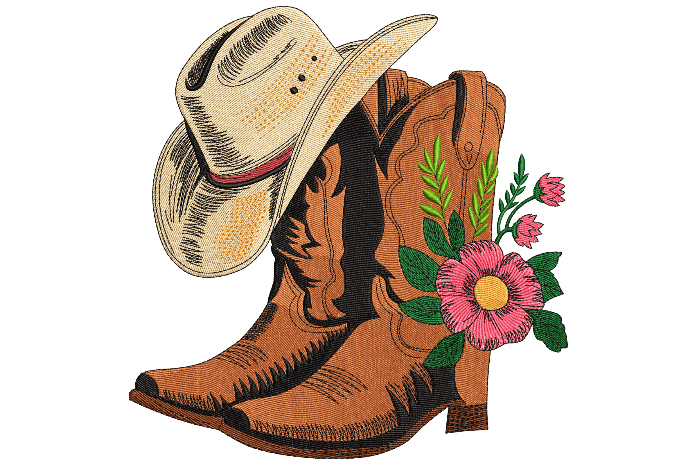 Cowboy Boots & Hat with Flowers – Western Embroidery Design
