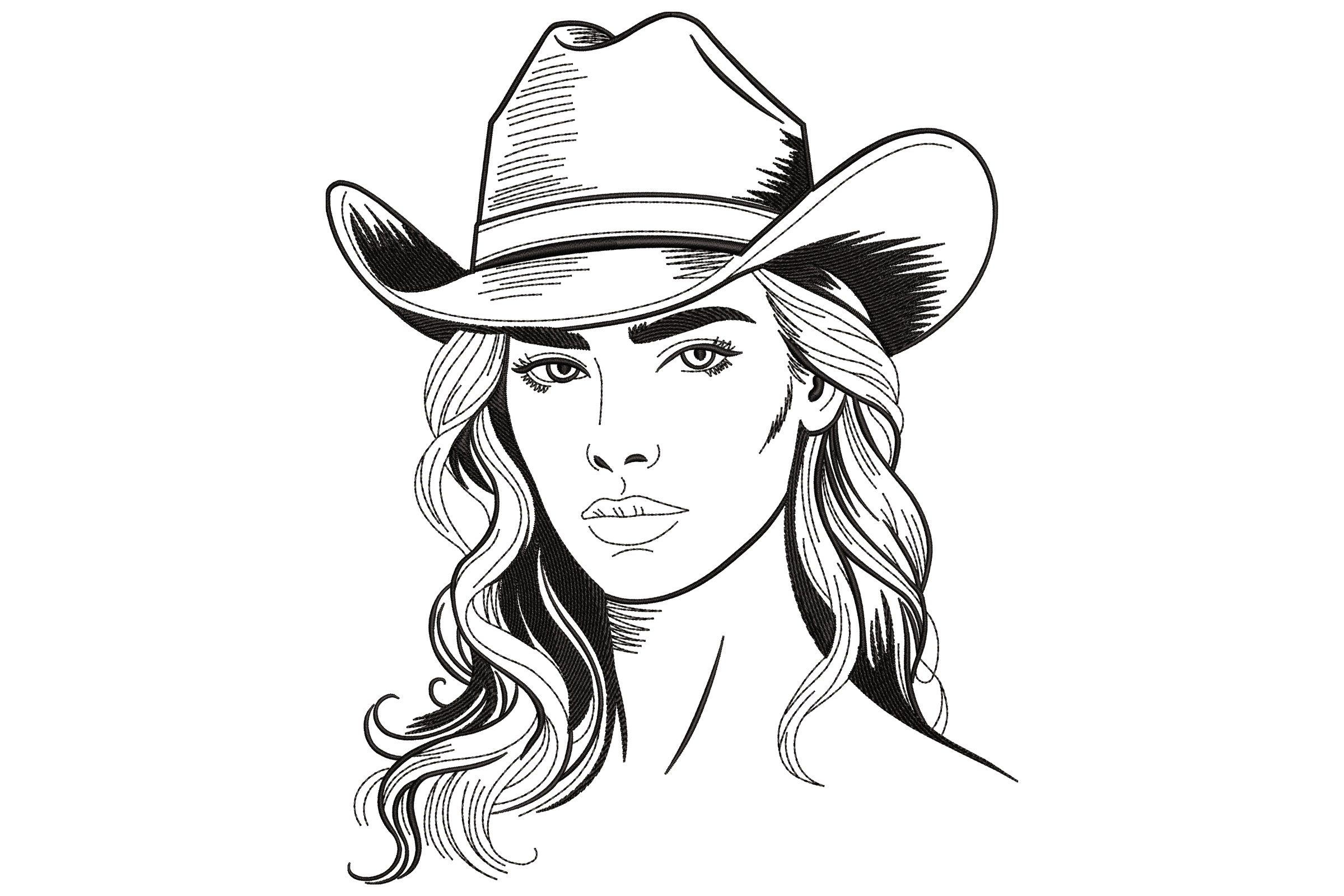 Cowgirl Hat Woman Outline – Line Art Embroidery Design