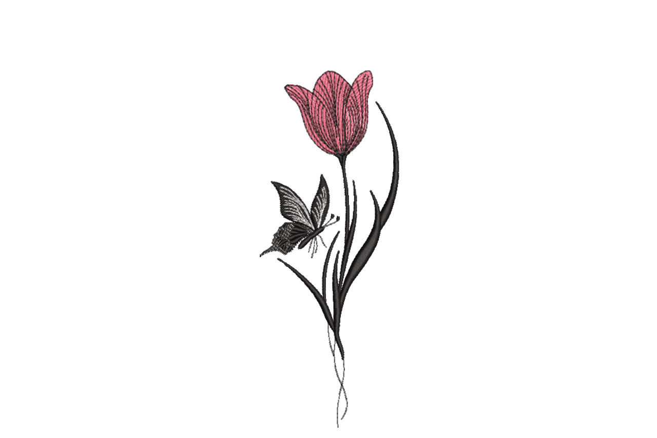 Pink Tulip & Butterfly – Minimal Floral Embroidery Design