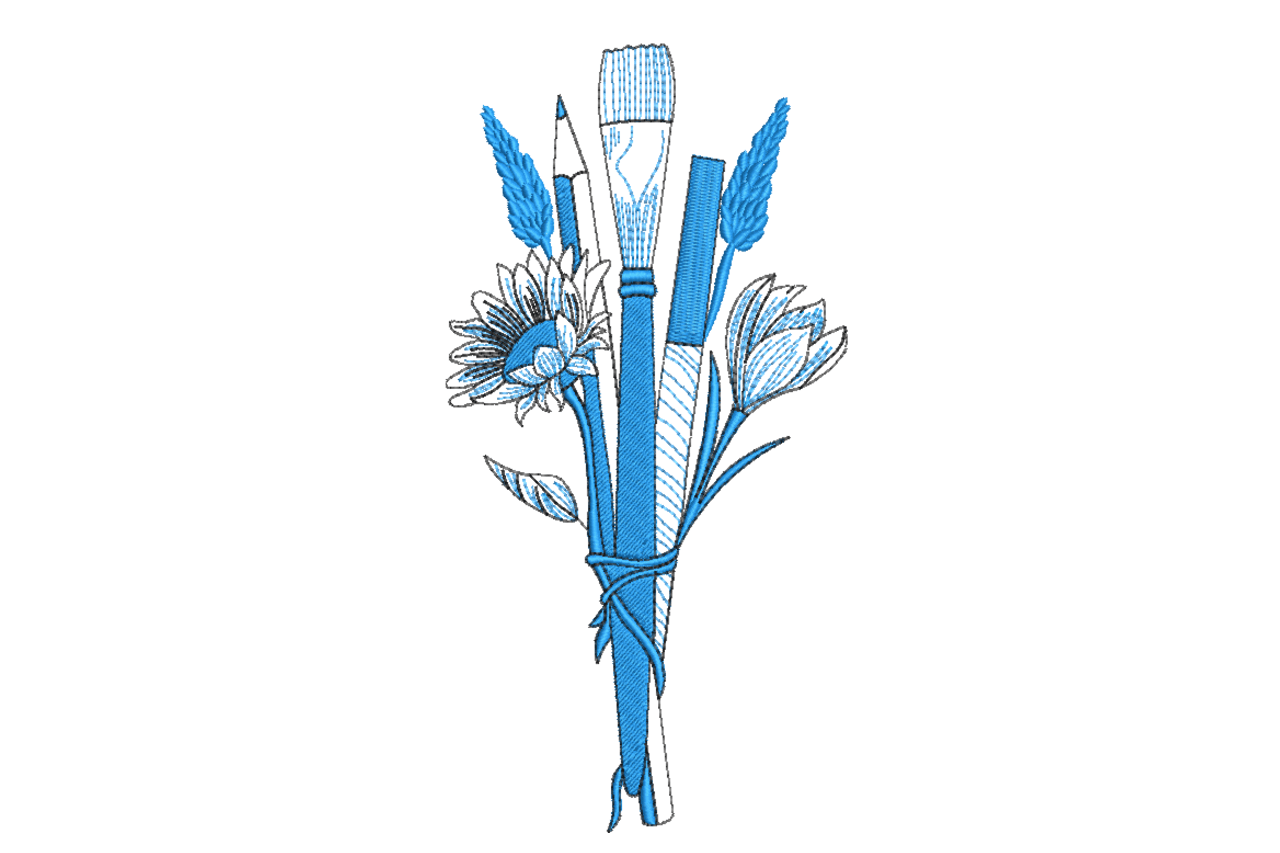 Blue Art Tools Bouquet – Sketch Style Embroidery Design