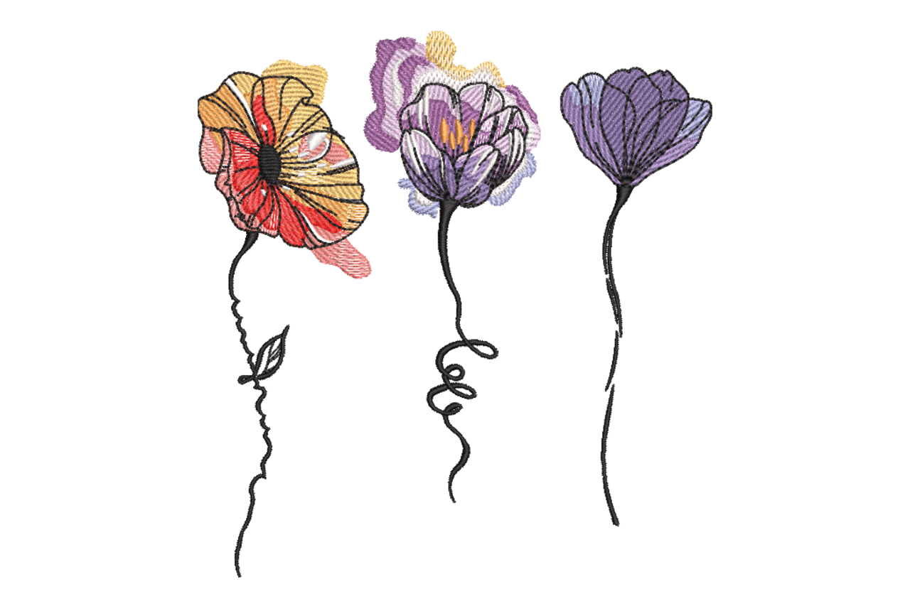Modern Wildflower Trio – Sketch Floral Embroidery Design