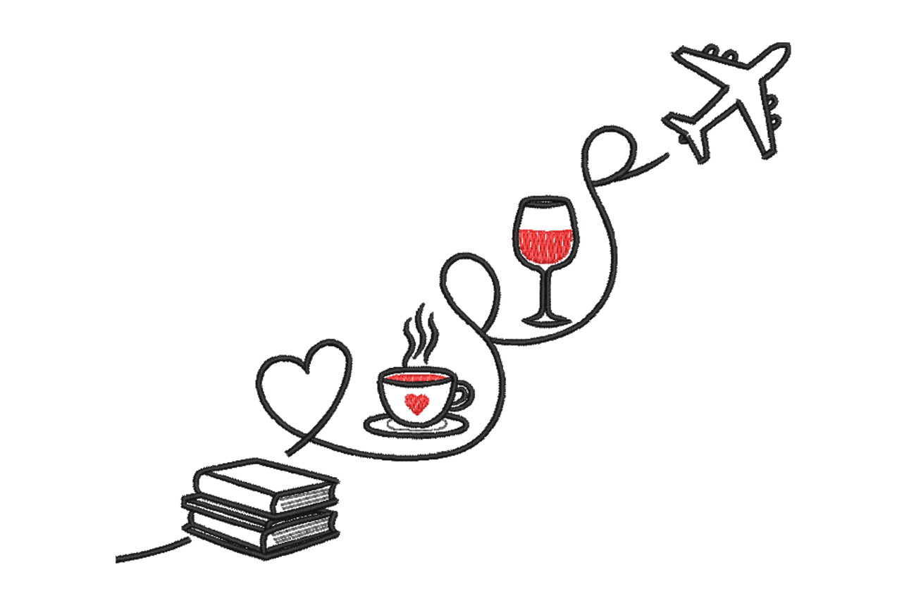 Books, Coffee, Wine & Travel Line Art Embroidery Design