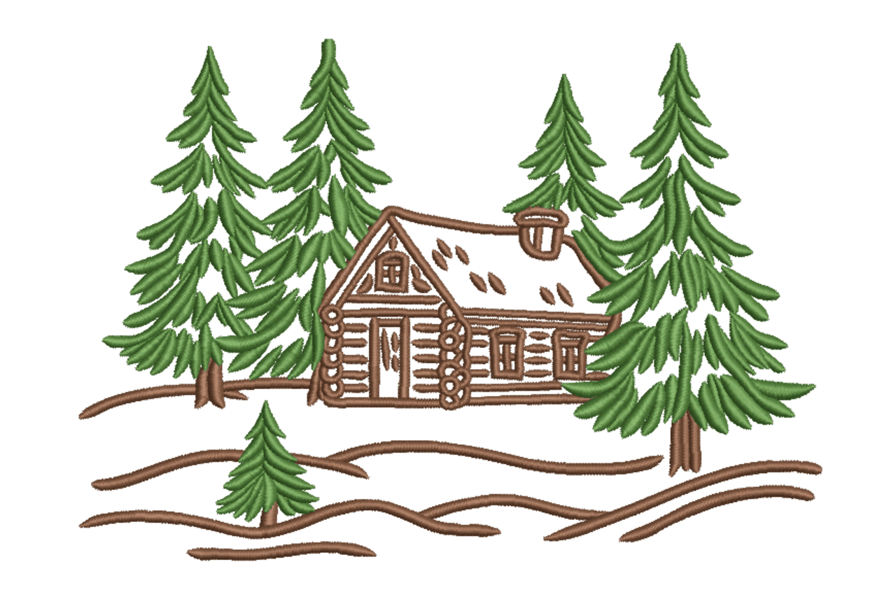 Cozy Cabin in Pines – Rustic Landscape Embroidery Design