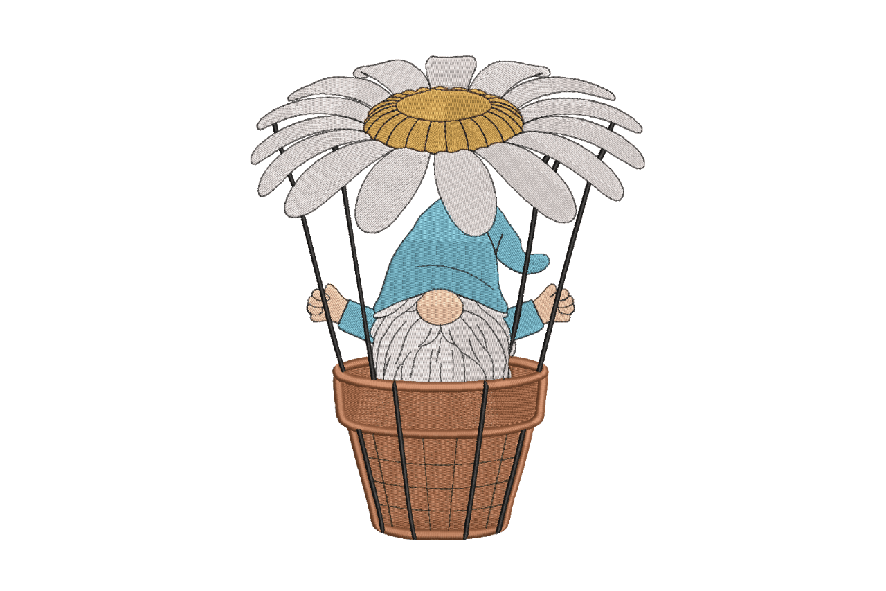 Daisy Gnome Hot Air Balloon Embroidery Design