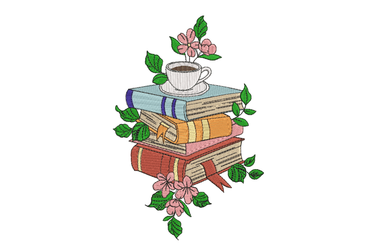 Books & Coffee Floral Embroidery Design