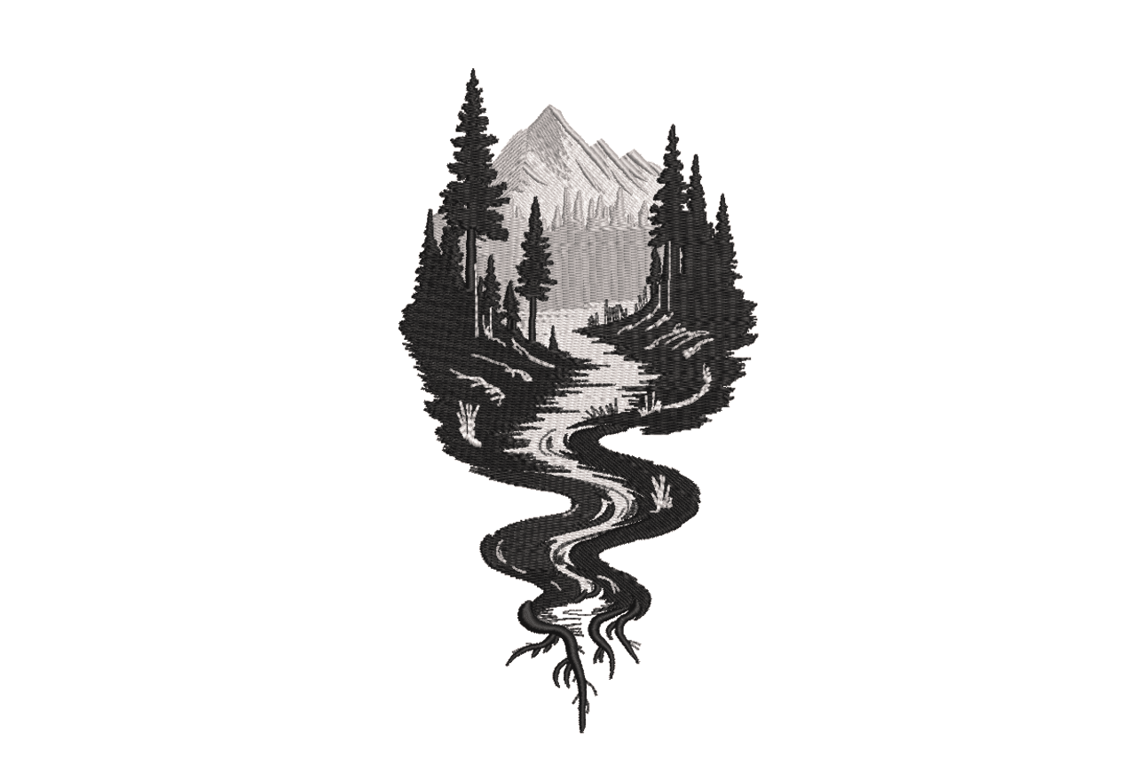 Mountain River Forest Scene – Embroidery Design
