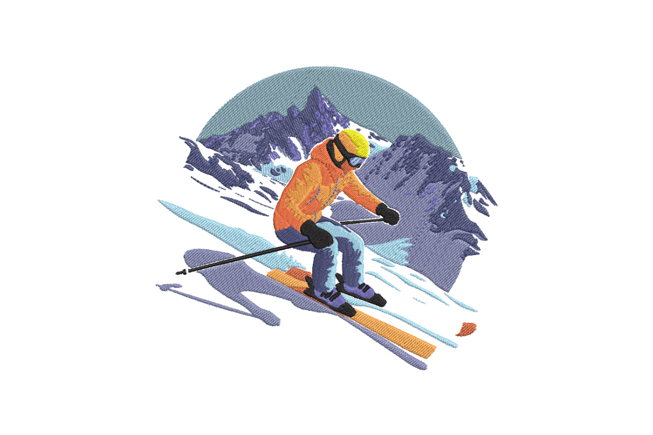 Mountain Skier Scene – Winter Sports Embroidery Design