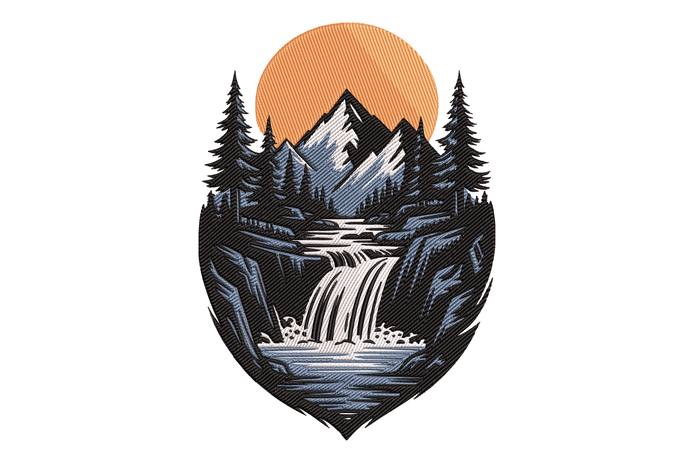 Mountain Waterfall Sunset – Nature Embroidery Design