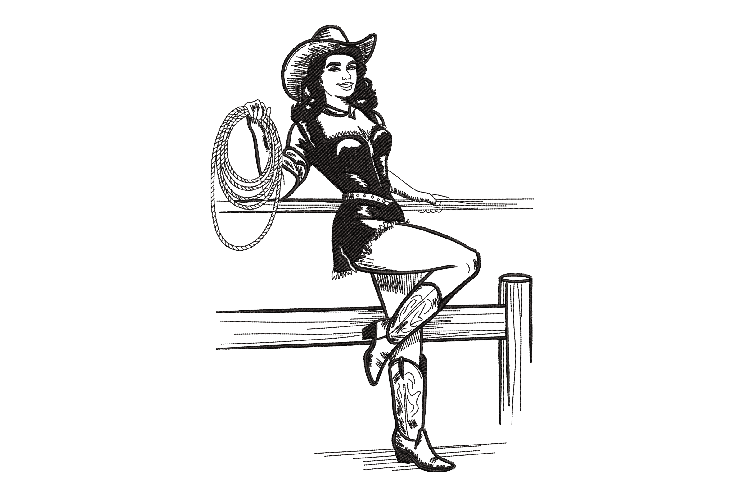 Vintage Cowboy Girl Line Art – Western Embroidery Design