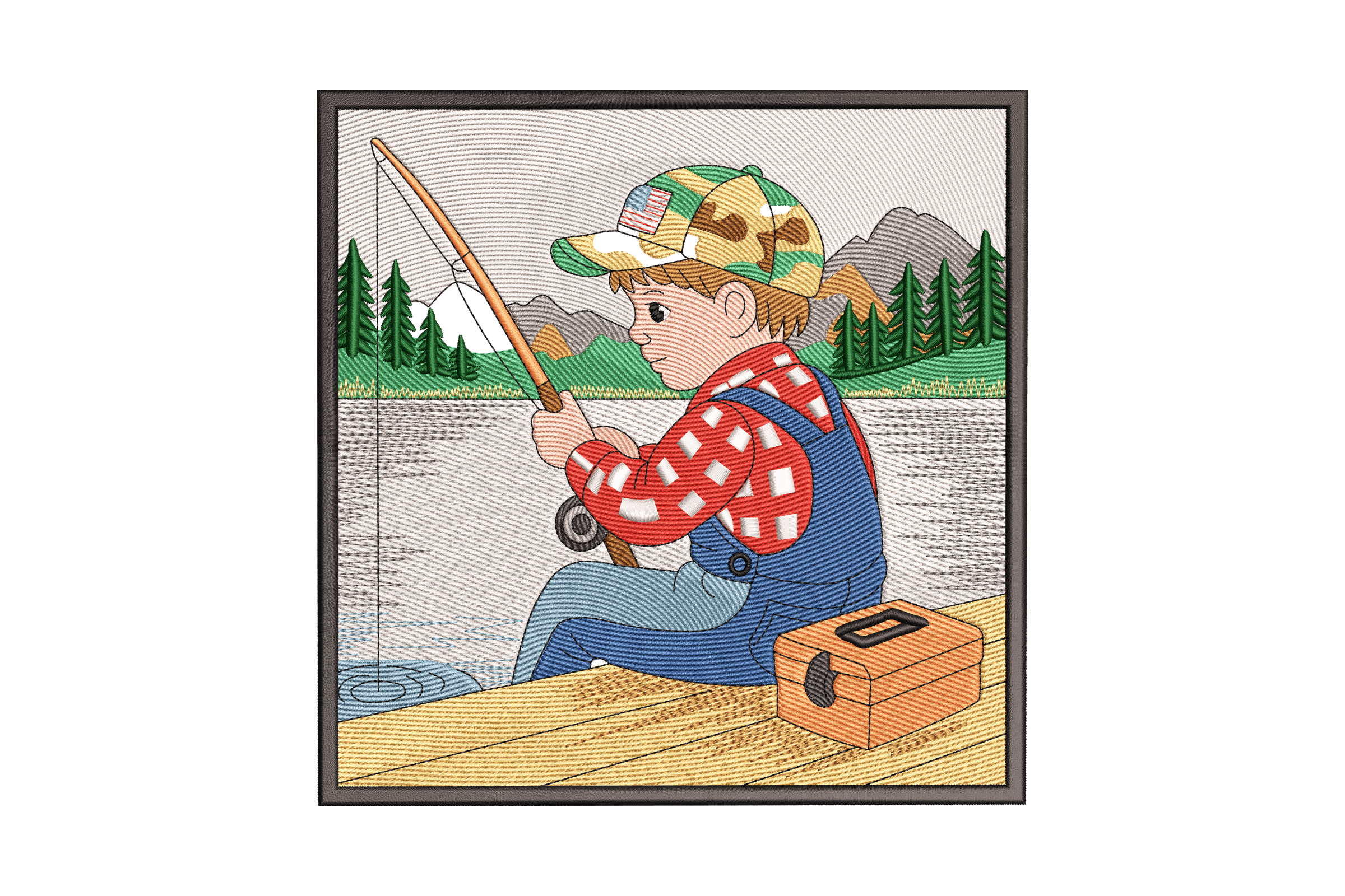 Little Boy Fishing – Lake Scene Embroidery Design