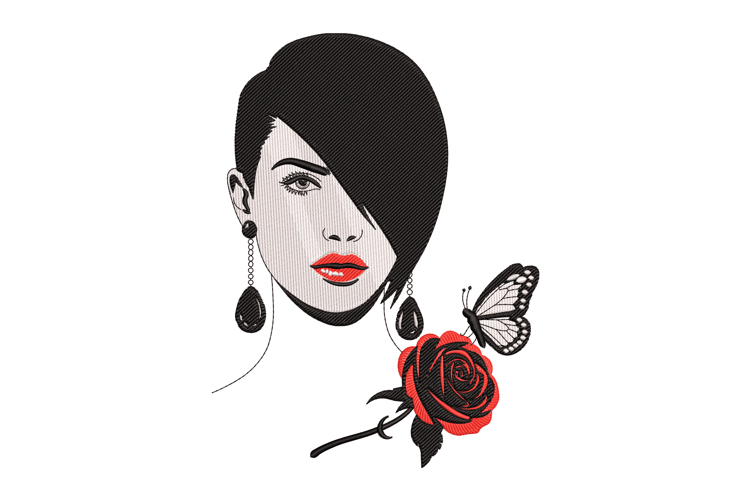 Elegant Woman Rose & Butterfly Embroidery Design