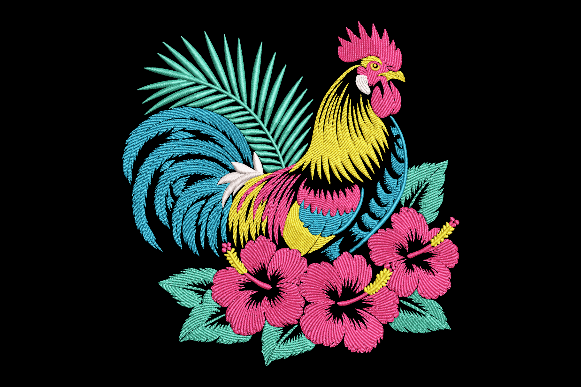 Tropical Rooster & Hibiscus – Floral Embroidery Design