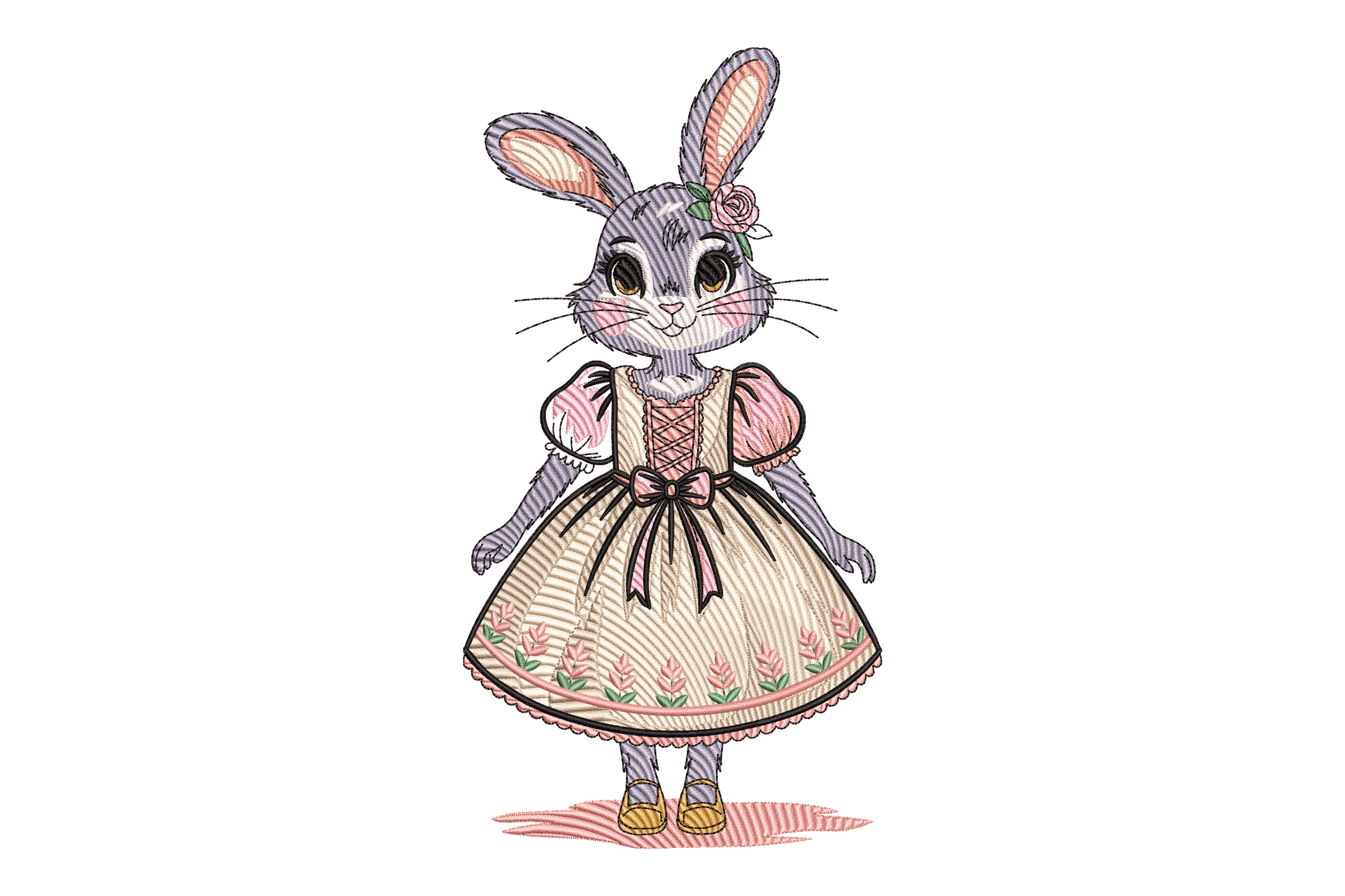 Vintage Bunny Girl in Floral Dress – Embroidery Design