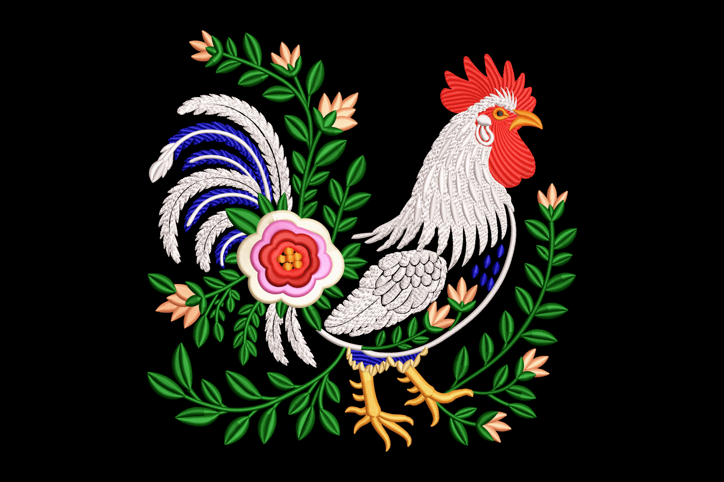 Floral Rooster Folk Art Machine Embroidery Design