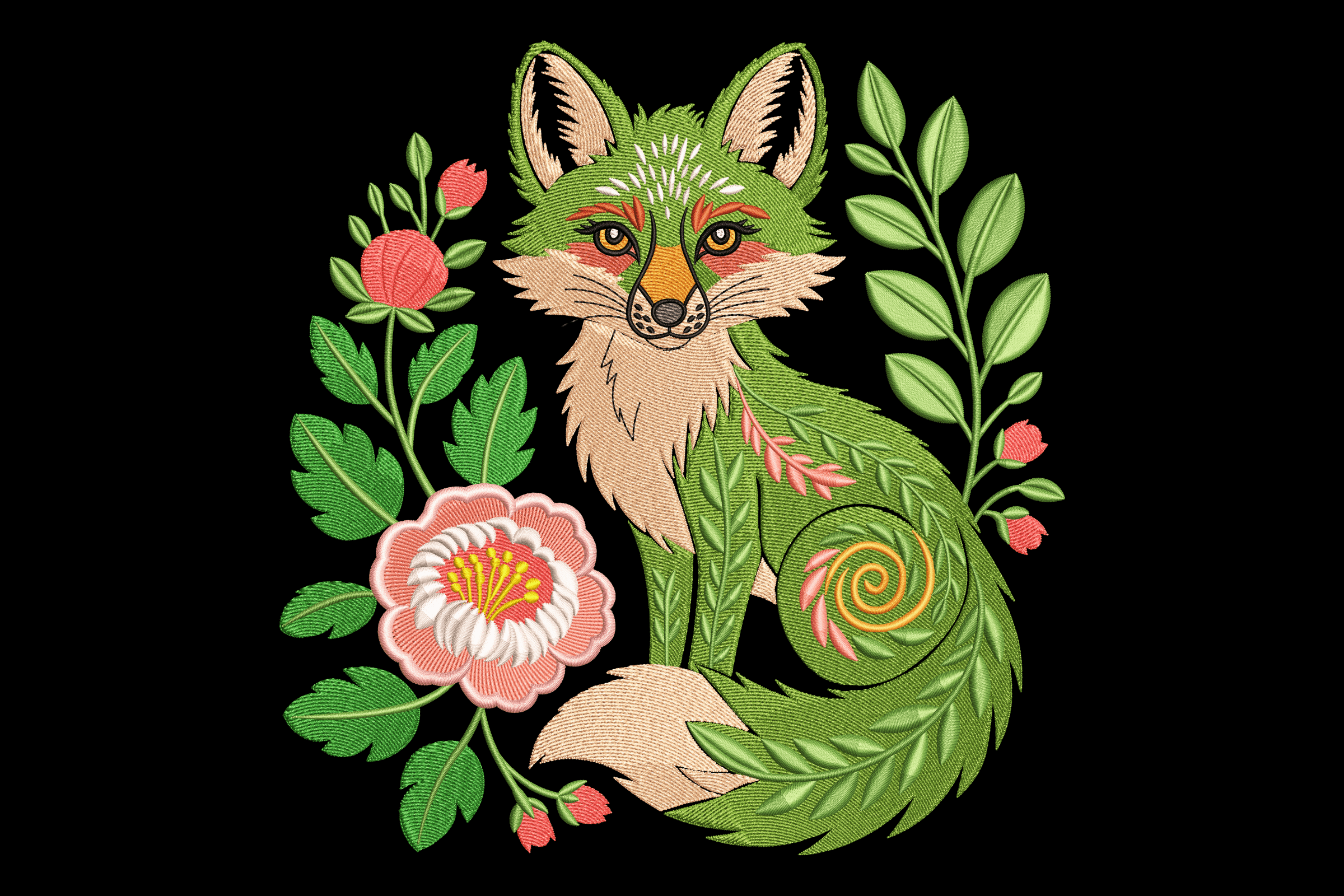 Green Floral Fox Machine Embroidery Design