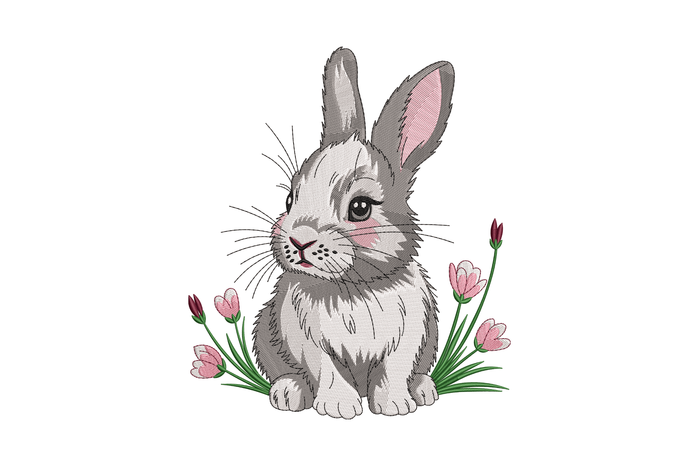 Cute Realistic Bunny Flowers Machine Embroidery Design