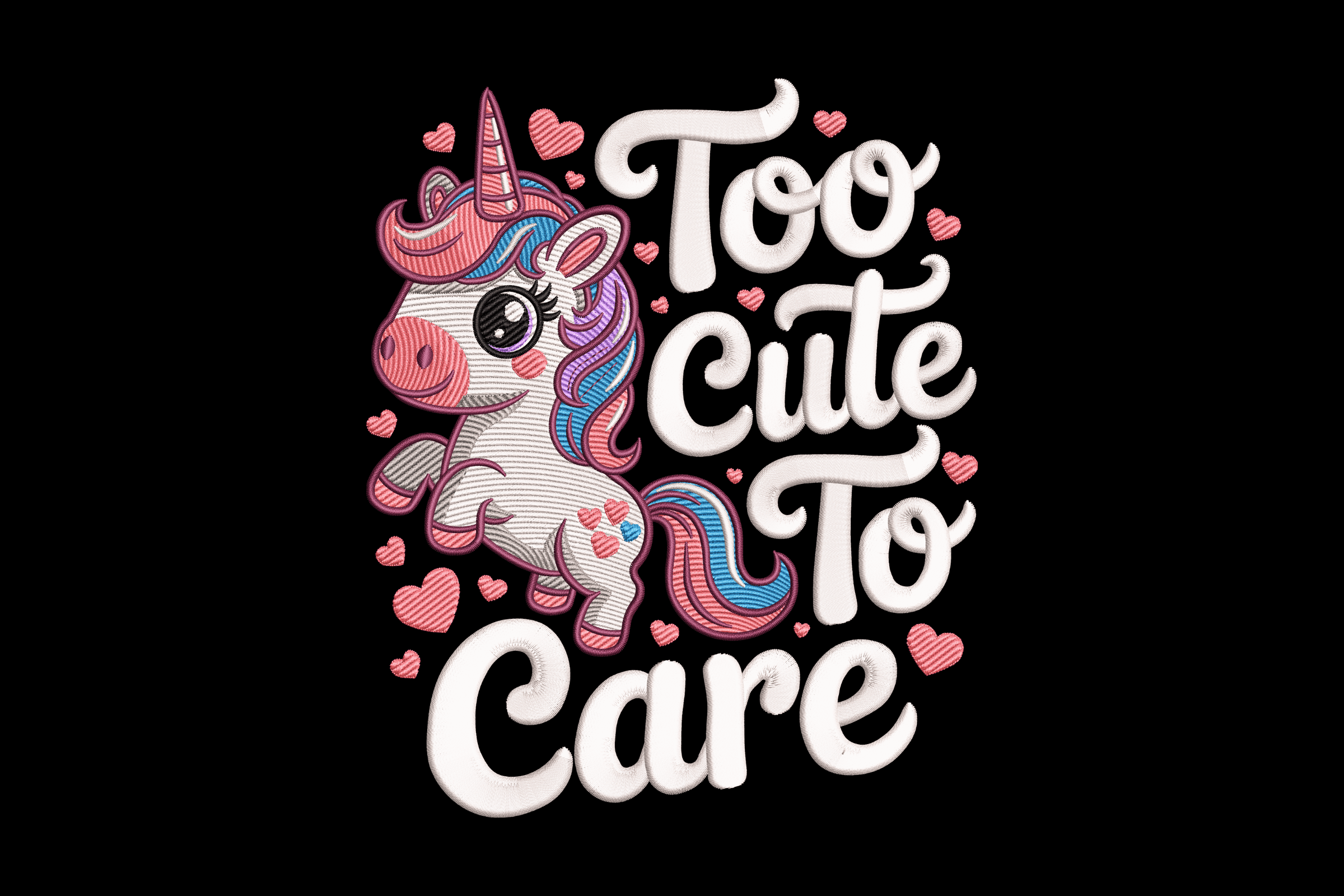 Cute Unicorn “Too Cute To Care” Machine Embroidery Design