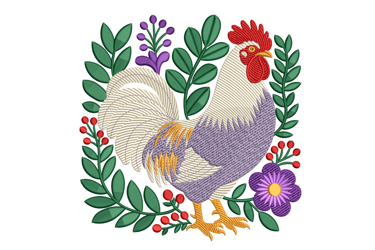 Rooster Floral Folk Art Machine Embroidery Design