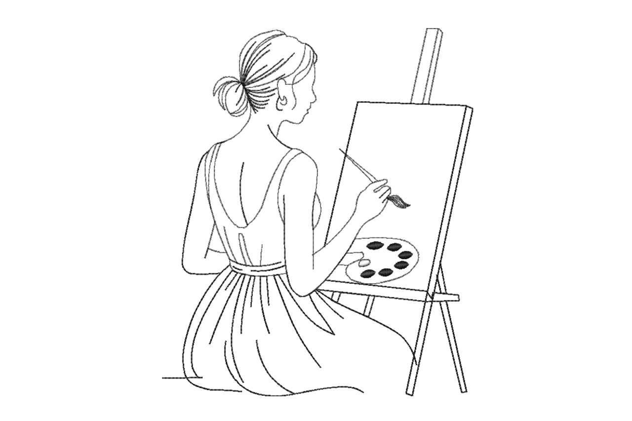 Woman Painting Line Art Machine Embroidery Design
