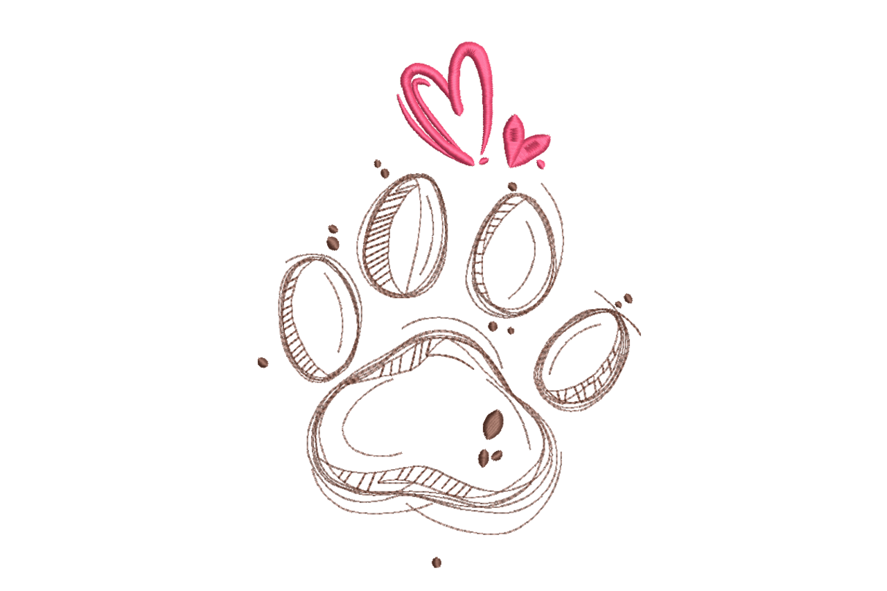 Sketch Style Paw Print Heart Machine Embroidery Design