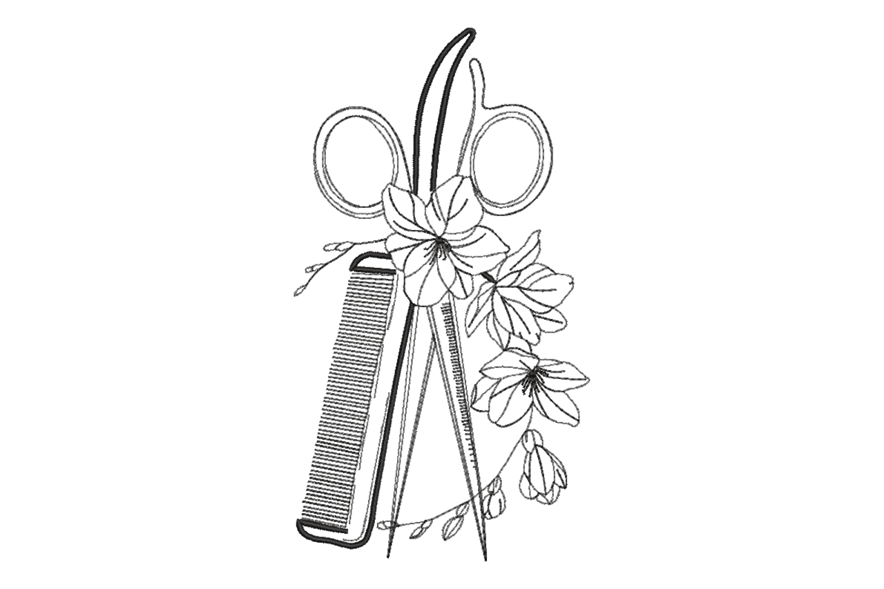 Floral Hair Stylist Scissors Comb Machine Embroidery Design