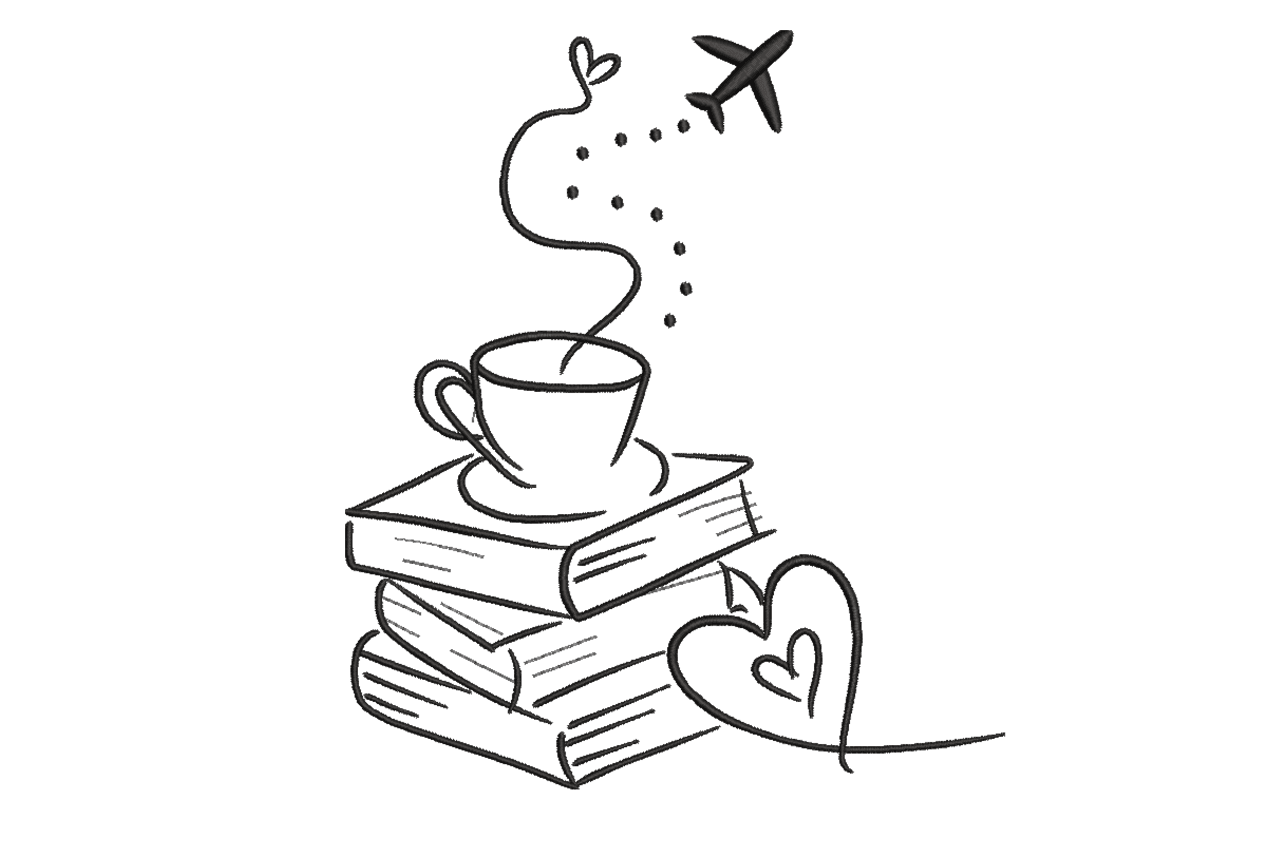 Coffee Books Travel Line Art Embroidery Design