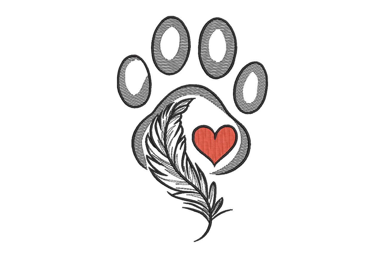 Paw Feather Heart Machine Embroidery Design