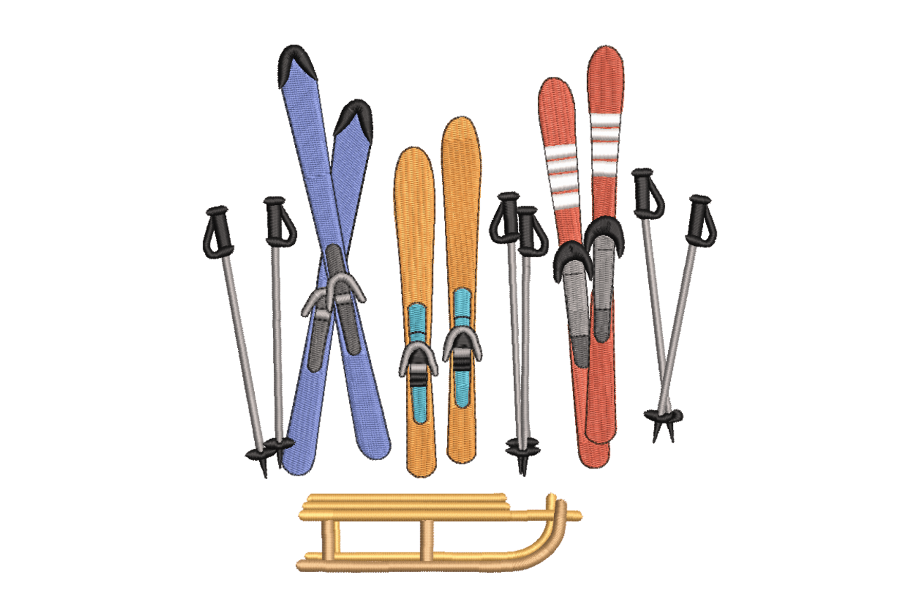 Winter Ski Equipment Machine Embroidery Design