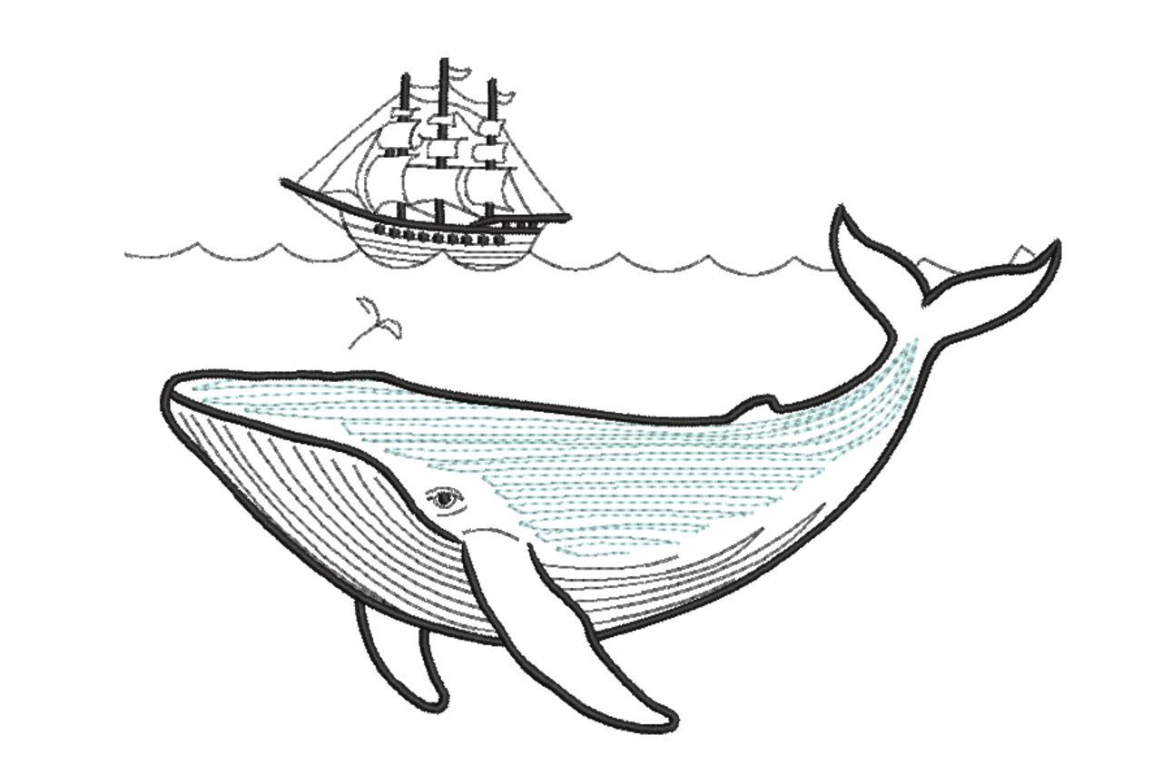 Minimalist Whale & Sailing Ship Machine Embroidery Design