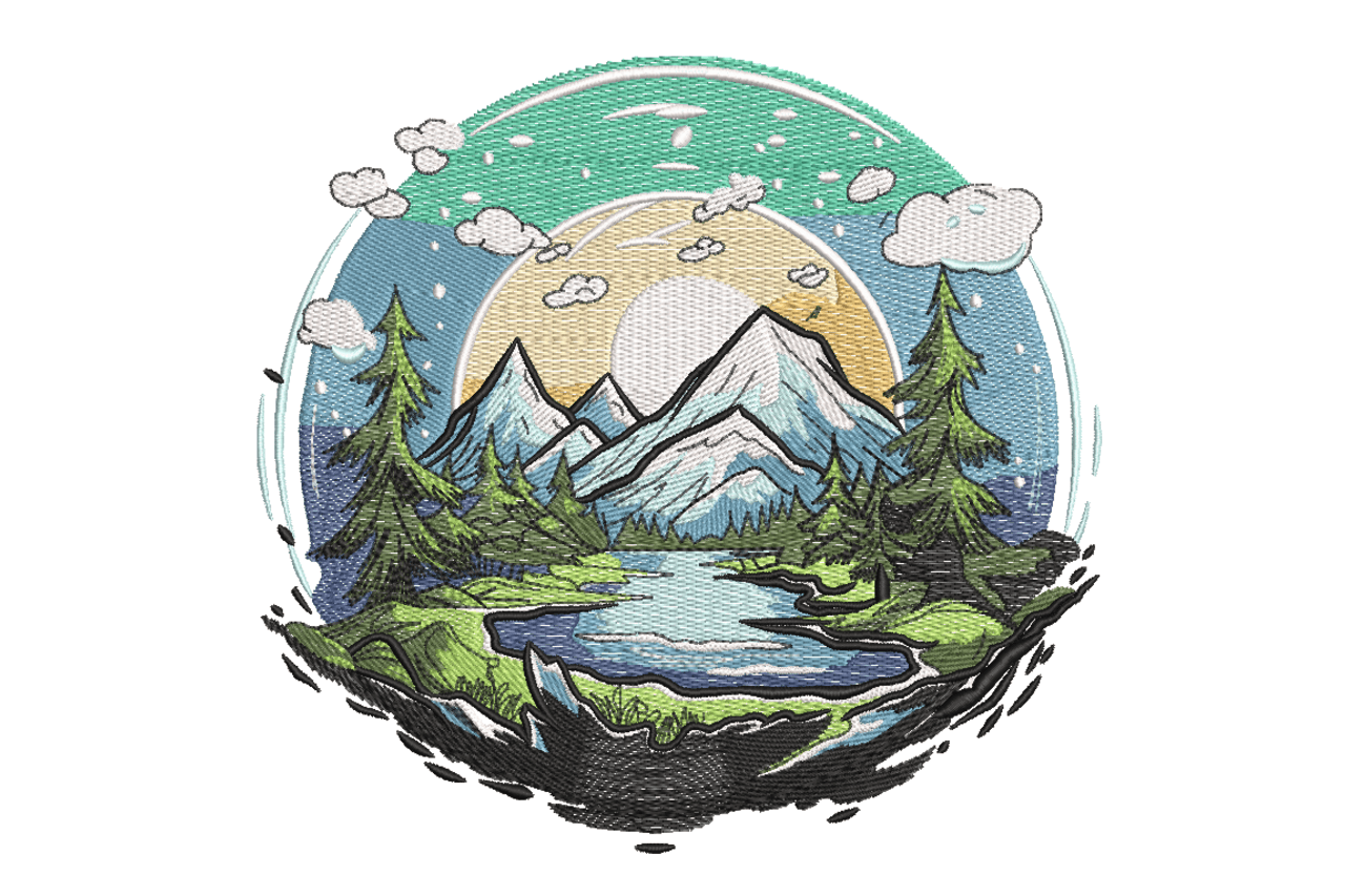 Mountain Lake Landscape Machine Embroidery Design