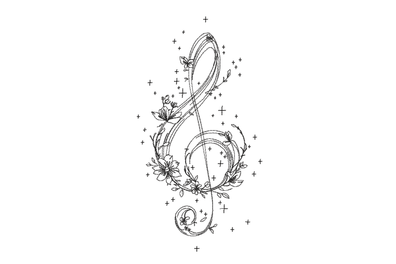 Floral Treble Clef Line Art Machine Embroidery Design