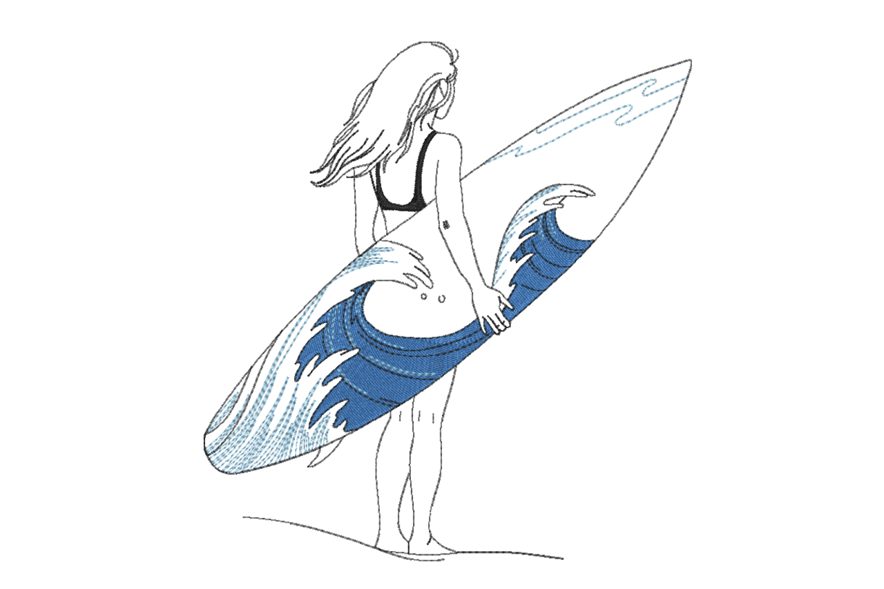 Minimalist Surfer Girl Ocean Wave Machine Embroidery Design