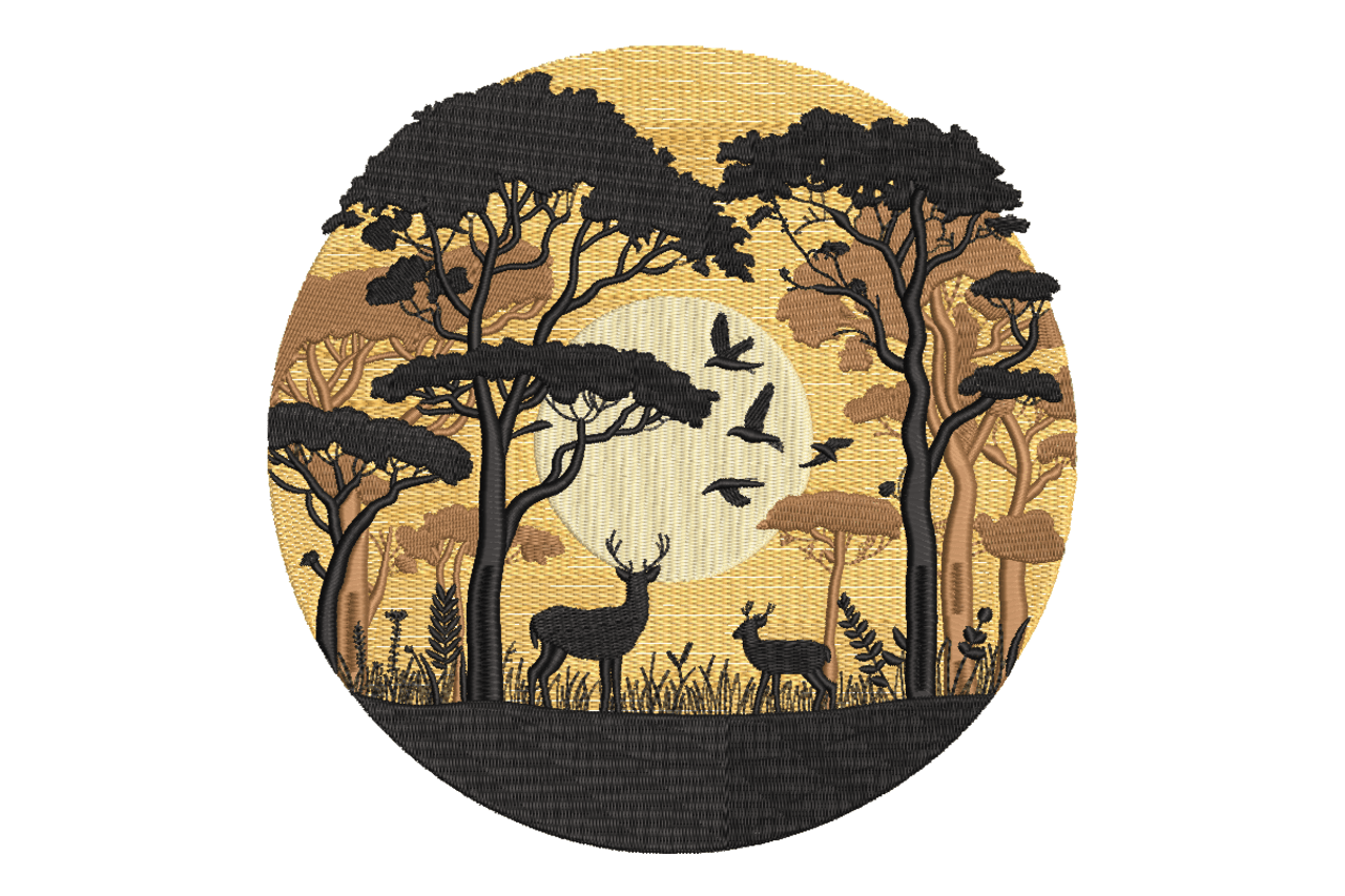 Golden Forest Deer Silhouette Machine Embroidery Design