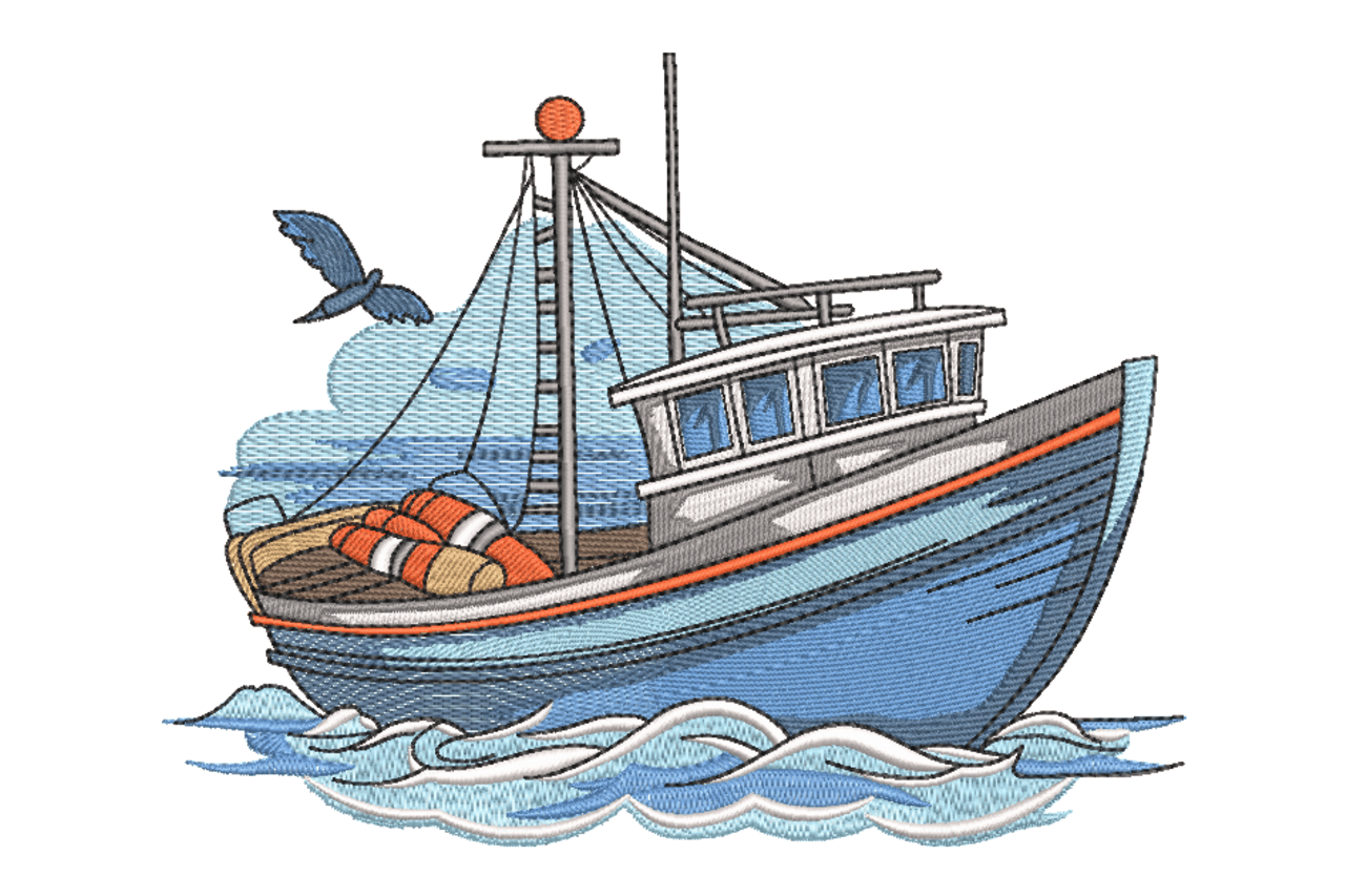 Fishing Boat at Sea Machine Embroidery Design