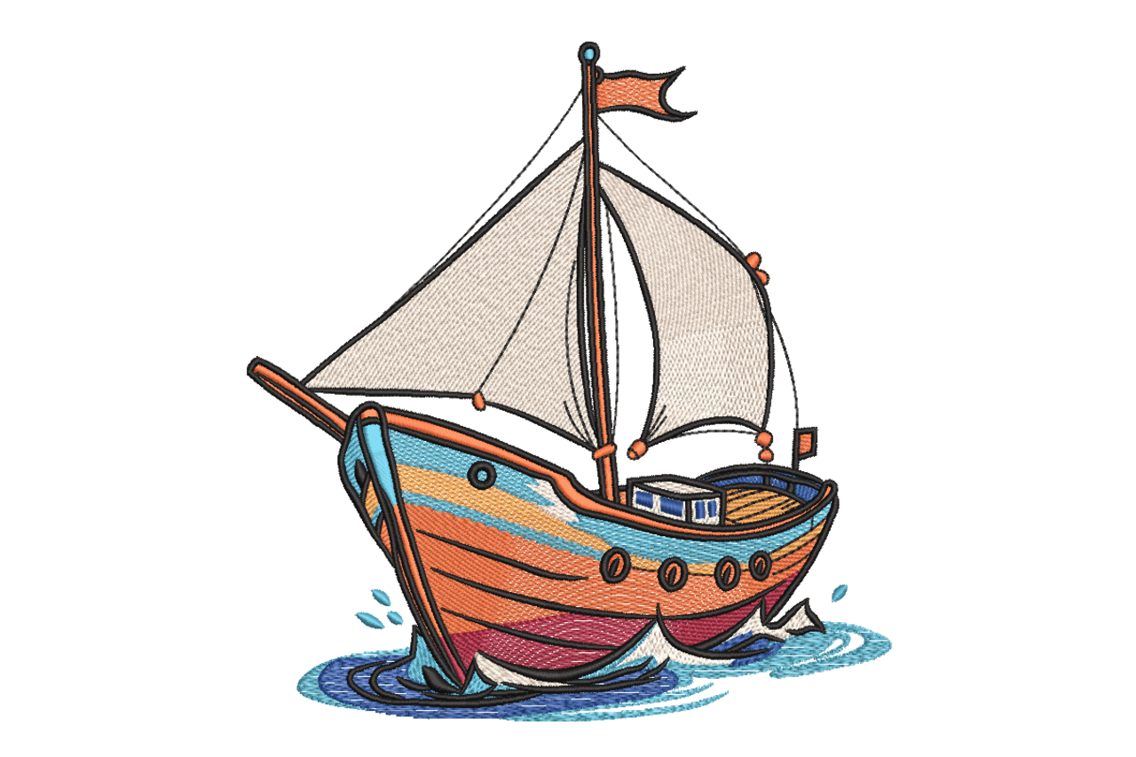 Sailboat on Waves Machine Embroidery Design