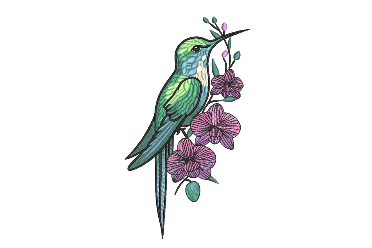 Hummingbird with Orchid Flowers Machine Embroidery Design