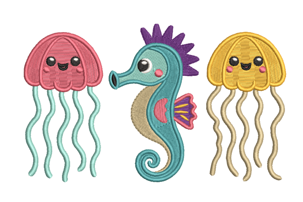 Kawaii Ocean Seahorse Jellyfish Machine Embroidery Design