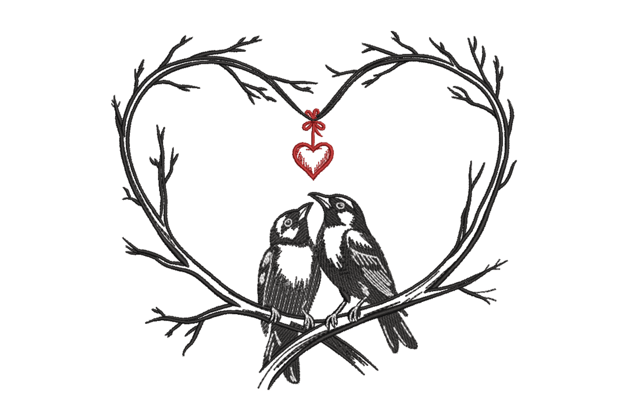 Love Birds Heart Branch Machine Embroidery Design